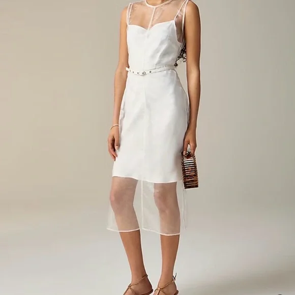 J. Crew Sheer-Overlay White Midi Dress
