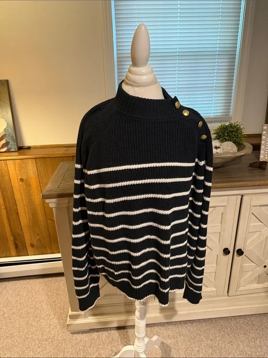 J Crew Women’s Navy&White Striped with Gold Button-Shoulder 100% Cotton Sweater