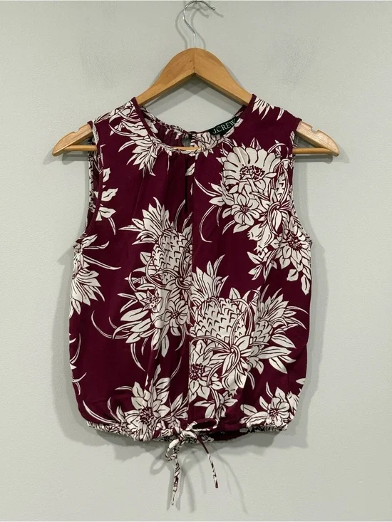 J. Crew Purple/Cream Floral Pineapple Sleeveless Drawstring-Waist Tank XS NWT