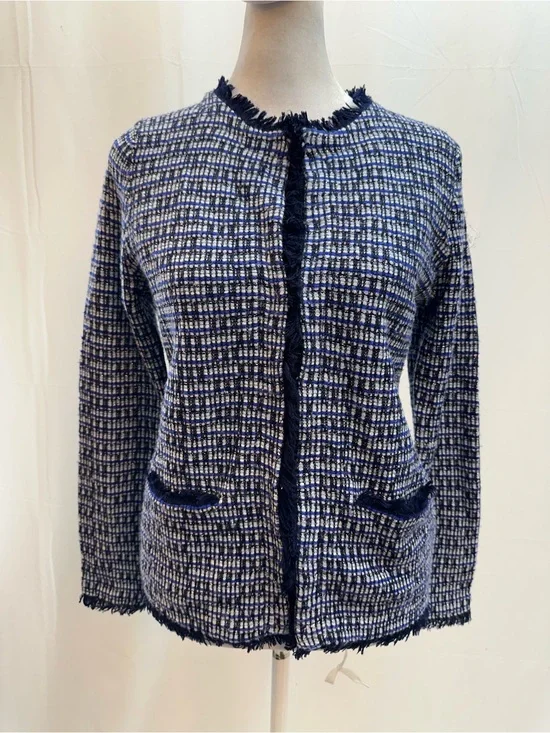J. Crew Navy and White Tweed Fringe-Trim Jacket XS