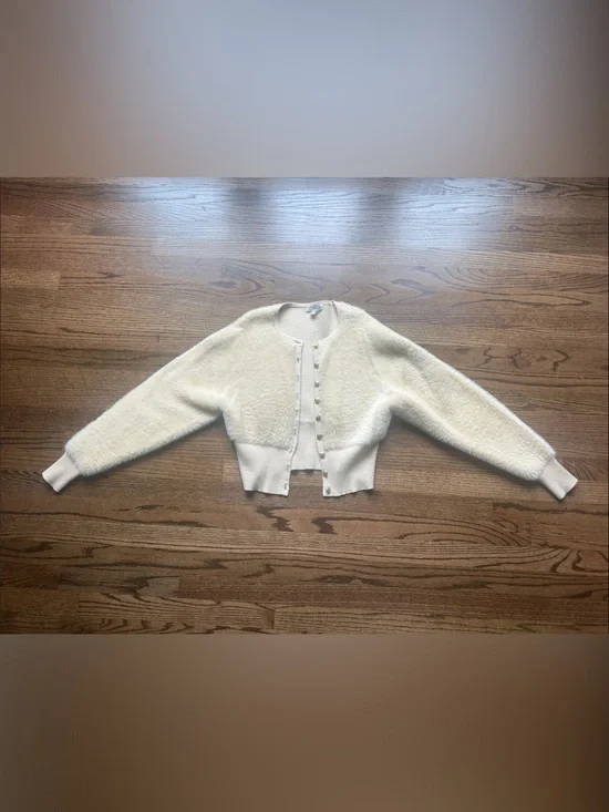 JCrew Cropped Cream Fuzzy Button-Up Cardigan