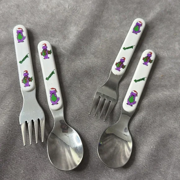 Set of 2 Vintage 1994 Barney Toddler Kids Character Spoon Fork - The Lyons Group