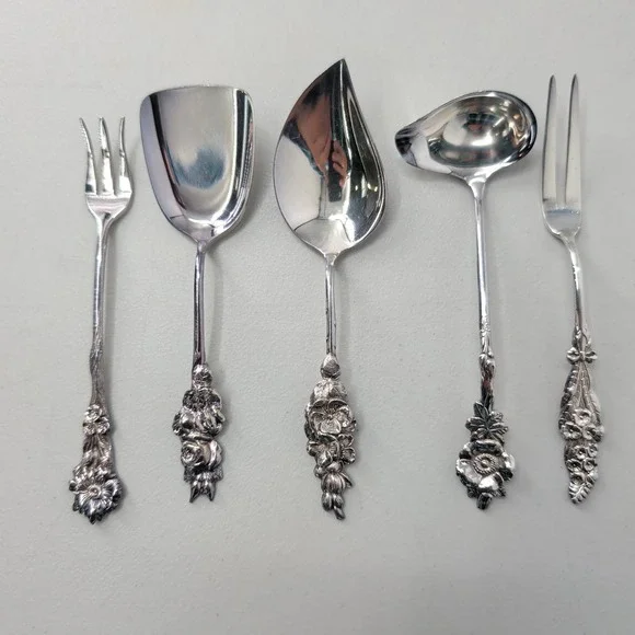 Reed & Barton Silverplate Floral Serving Set 5pc Harlequin Condiment Set of 5