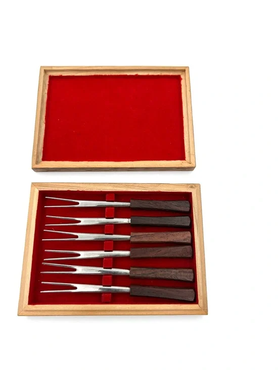 Vintage MCM Cocktail Appetizer Fork Set 6 Wood Handle Stainless Japan Wood Box