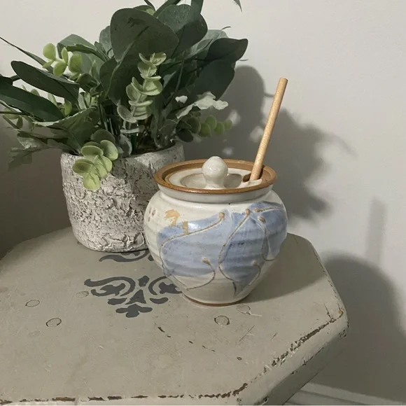 Vintage White & Blue Artisanal Handmade Glazed Ceramic Honey Jar