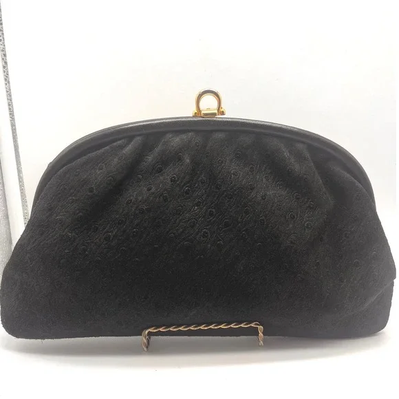Vintage Black Ostrich‎ Suede Clutch Bag Purse Made In Italy Gold Clasp