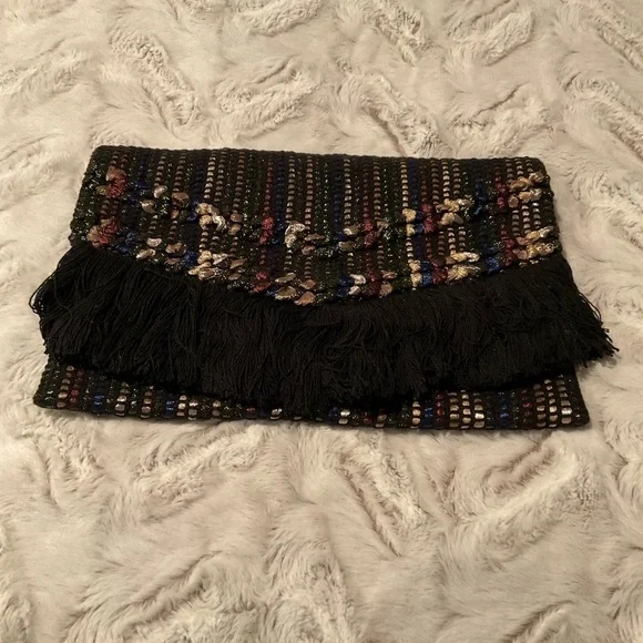 Stella and Dot Shimmering Weave Clutch with Fringe. NWOT