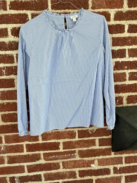 J. Crew Blue & White Striped Ruffle Neck Long Sleeve Top