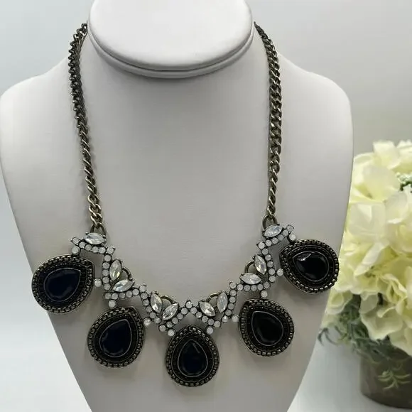 J. Crew Black‎ Rhinestone Teardrop Bead Gold Tone Chain Opalescent Necklace