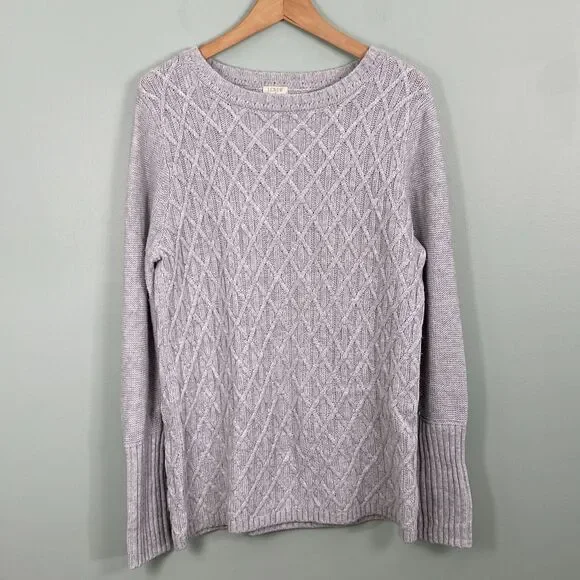 J Crew Cable Knit Sweater Womens Large Gray Wool Blend Cozy Classic Preppy