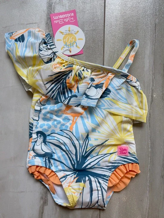 NWT RuffleButts Tropical Birds Paradise One Shouldered One-Piece Swimsuit 3-6M
