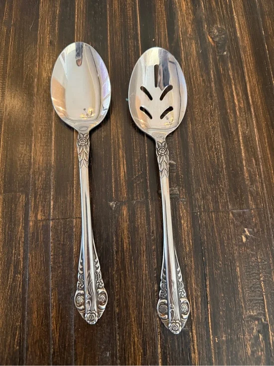 Vintage Coeur d’Alene Japan Stainless Floral Serving Spoon & Slotted Spoon Set 2