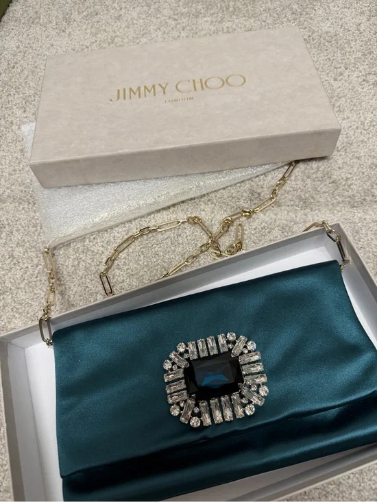 Jimmy Choo Teal Satin Evening Clutch with Crystal Brooch and Gold Chain