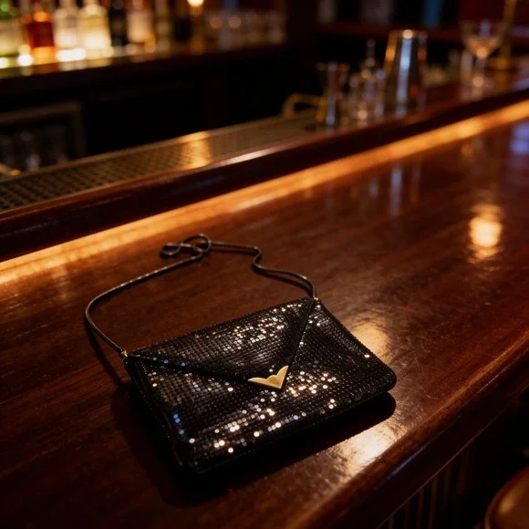 Creative Designs of Italy Black Metal Mesh Envelope Clutch Crossbody Bag Vintage
