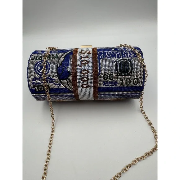 Rhinestone Money Roll Clutch Bag Blue‎ Gold Crystal Barrel Evening Purse