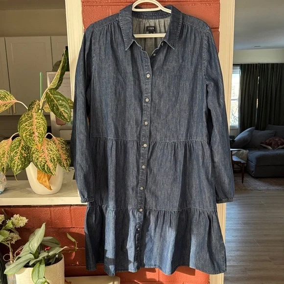 J. Crew 100% Cotton Dark Wash Denim Long Sleeve Dress Size 14