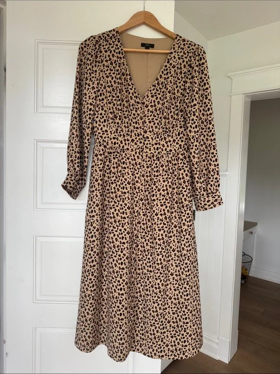 J. Crew Beige Leopard Print Long Sleeve V-Neck Midi Dress