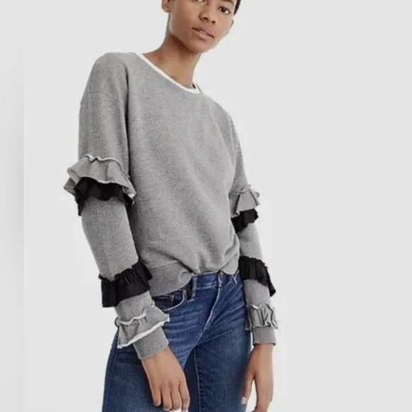 J.Crew Ruffle-sleeve Sweatshirt in Heather Gray With Black and Gray Ruffles Sz M