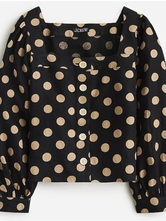 NWT J.Crew Linen Squareneck Button-Up Top Dot Print Black Tan Small BY699