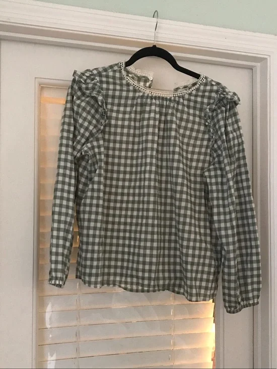 J. Crew Green and White Gingham Ruffle-Trim Blouse