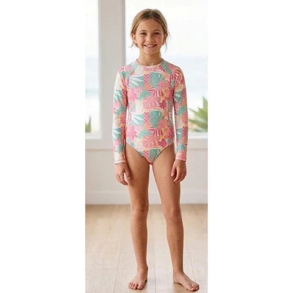 Roxy Girls 10 1 Pc Bodysuit UV Long Sleeve Rash Guard Swimsuit Floral Pink