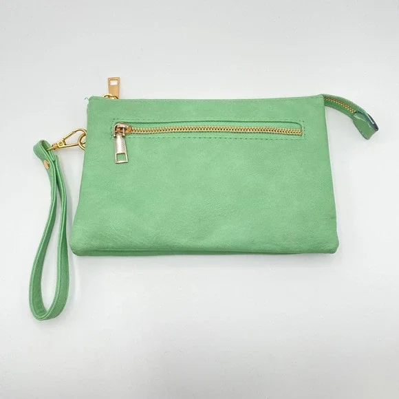Mint Green Wristlet Clutch Wallet  Bag with Gold Zipper Accents Faux‎ Leather