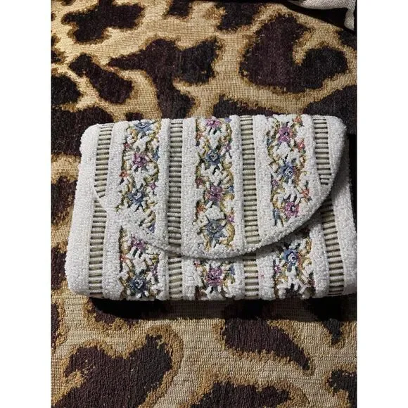 Vintage 50S White Beige Floral Beaded Crossbody Purse, Gold Chain Or Clutch 2294