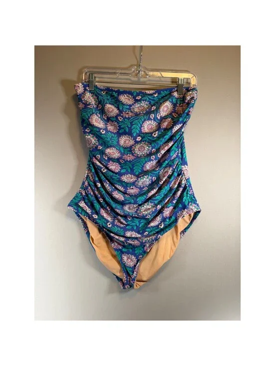 J.Crew Womens Blue Floral Ruched Bandeau One Piece Swimsuit Size L Strapless