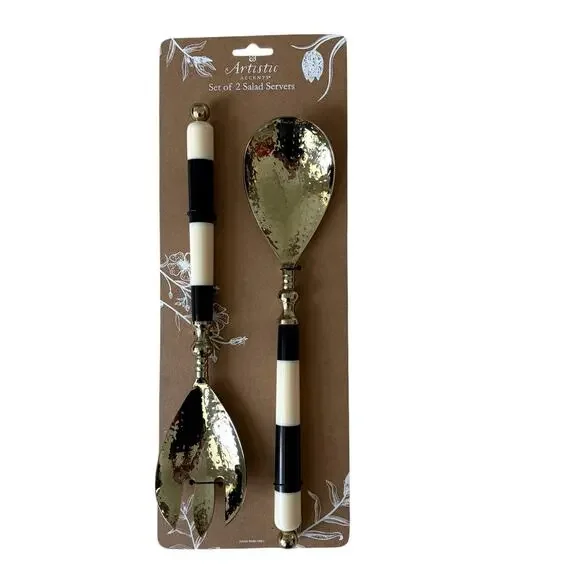 Artistic Accents Set of 2 Salad Servers Black & White Striped Gold Glam New