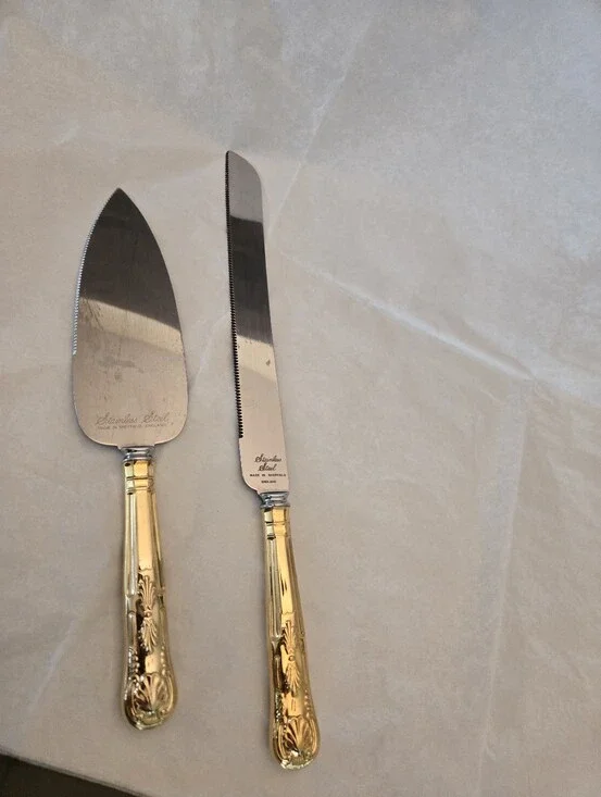 Vintage Sheffield England Knife And Pie Server With Hallmarks Gold Handle 10”
