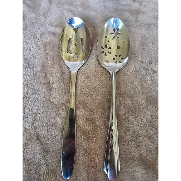 Vintage EKCO Stainless USA Slotted Serving Spoons Set Floral Geometric Silver