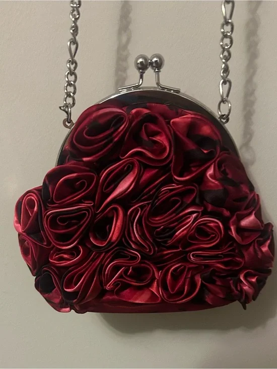 White House Black Market Vintage red satin rosette evening crossbody