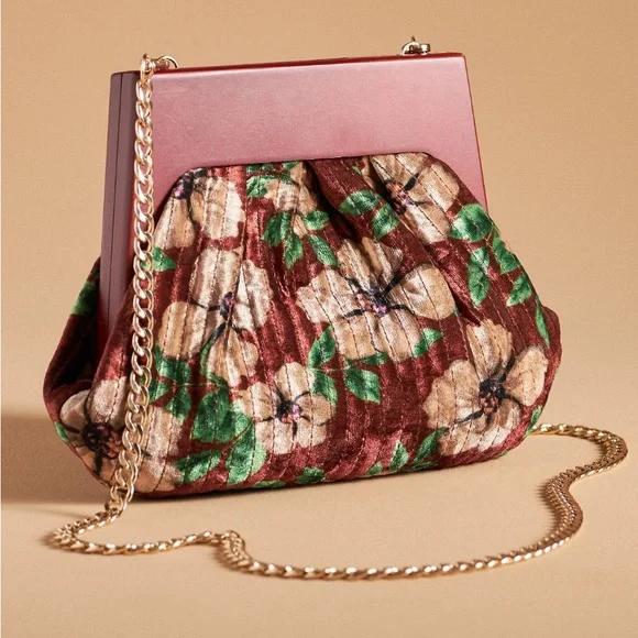 Anthropologie Pleated Velvet Clutch in Pink Combo NWT