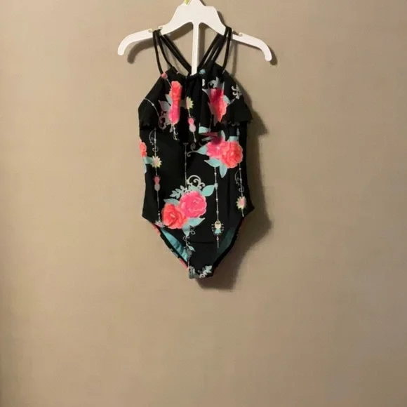 Wonder Nation Black Floral Kids Swim One Piece