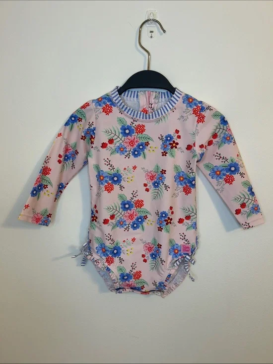 Ruffle Butts Pink Floral Long-Sleeve Baby Swimsuit, 18-24 Months