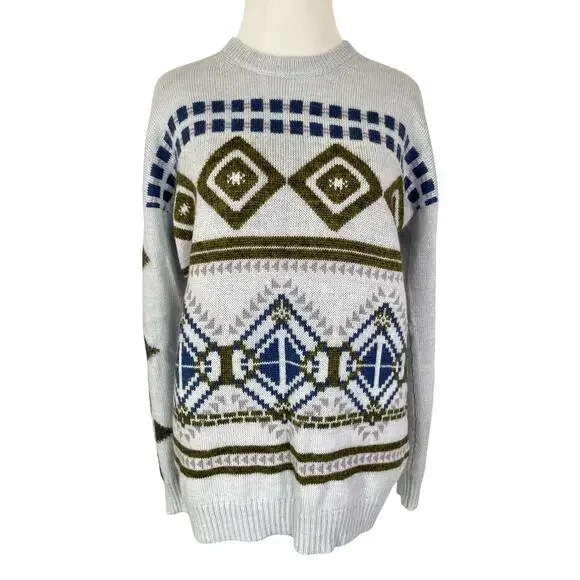 J Crew Womens Knit Sweater S Blue Wool Mohair Blend Aztec Southwestern Crewneck