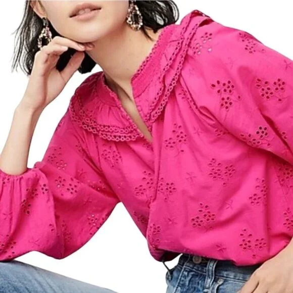 J. Crew Pink Eyelet Ruffled Collar Balloon Sleeve Peasant Blouse Size L