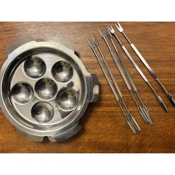Lot Of 4 Escargot Plate Metal‎ Dishes Snail Oysters W/6 Utensils