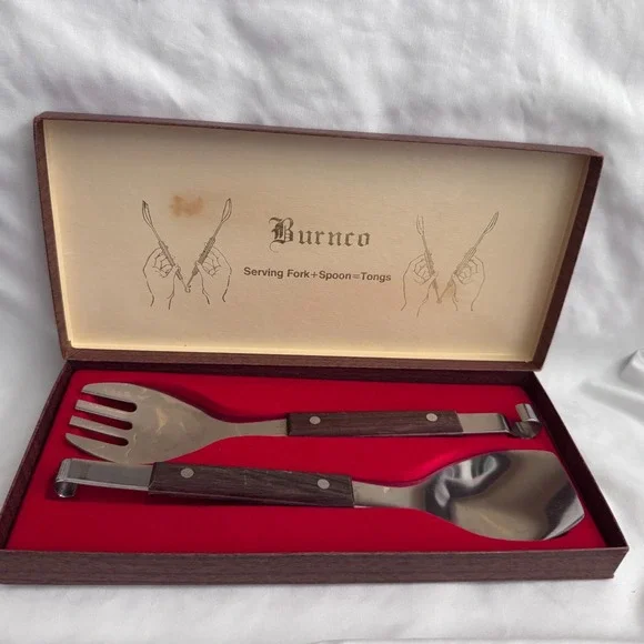 Vintage Burnco Serving Fork & Spoon = Tongs‎ Stainless Steel Japan
