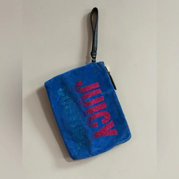 Juicy Couture Pink & Blue Glitter Shimmer Velvet Wristlet Pouch Clutch Bag