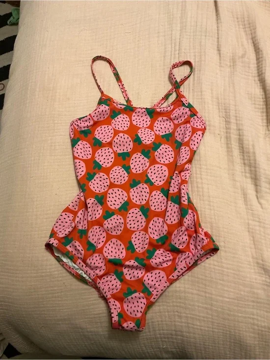 Hanna Andersson Orange One-Piece Swimsuit with Pink Strawberry Print