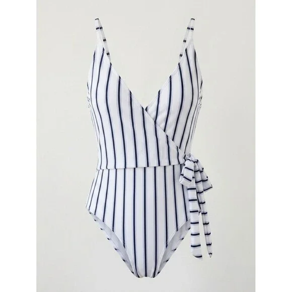 Cupshe White and Navy Vertical Stripe One-Piece with Side Tie Lg