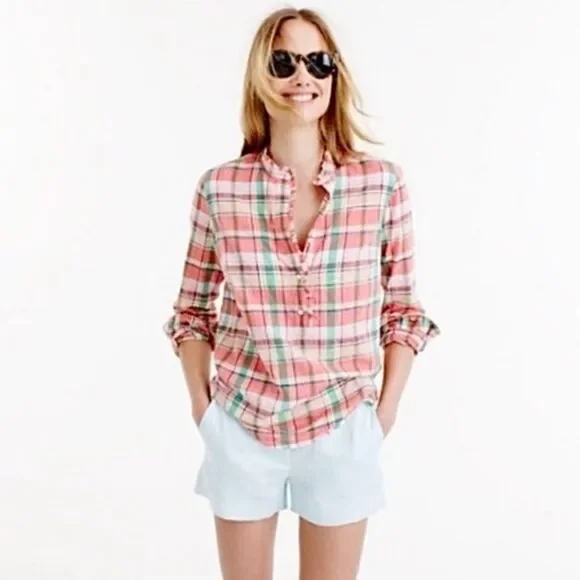 J.Crew Plaid Ruffle Half Button Down Popover Top 2