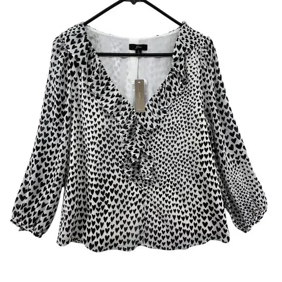 J Crew Size Small NEW Blouse Black Heart Print Valentines Day Ruffle Puff Sleeve