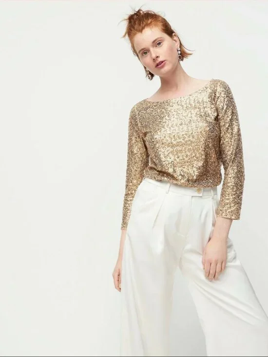 J.Crew Champagne Gold Sequin Glimmer Top Boatneck Long Sleeve Size Small