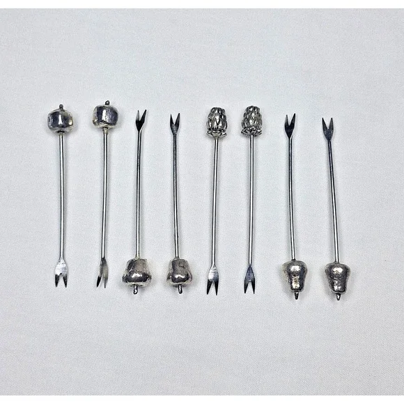 Set Of 6 Silver Fruit Topped Hors d'oeuvre Forks Cocktail Picks Olive Bar Metal