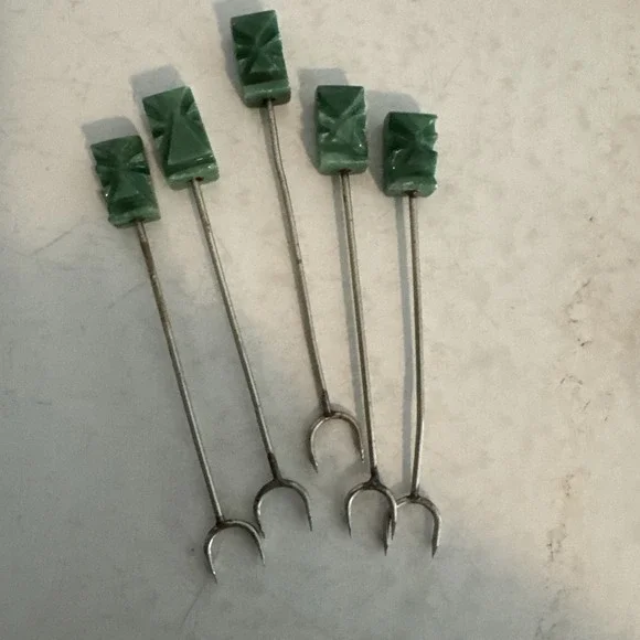 Set Of 5 Vintage Jade Carved Stone Head Hors d'Oeuvres Cocktail Forks‎ 3.5