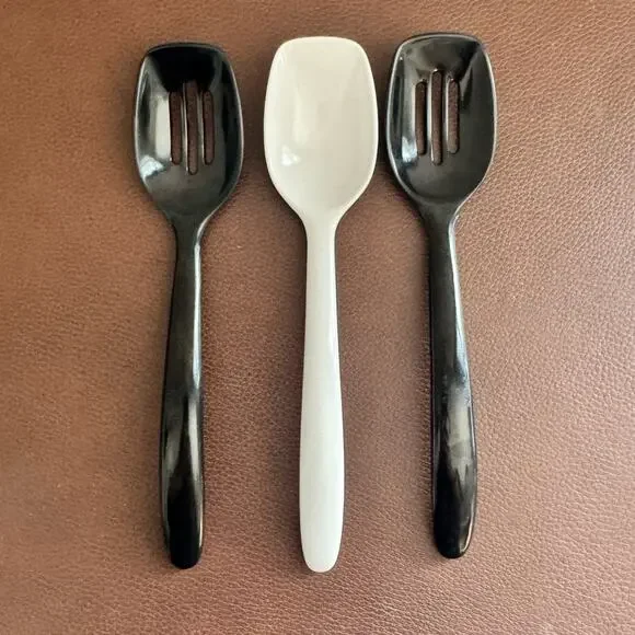 3 Hutzler Mini Slotted & Solid Spoons White Black Melamine #516 #517 Vintage