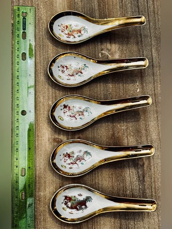 Decorative Golden Dragon Porcelain Hand Painted Spoon Set Gold-Trim White (5)