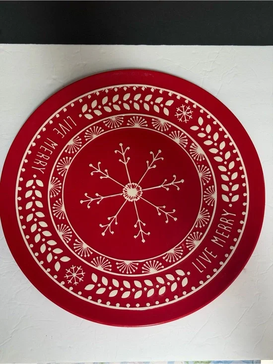 Christmas Red Round Snowflake Decorative Plate 13”